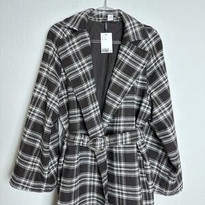 H&M Divided Single Breasted Maxi Coat Chocolate Brown Plaid Belted Sz Small NEW